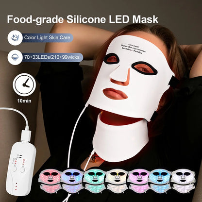 Person wearing a food-grade silicone LED mask with color options displayed below.